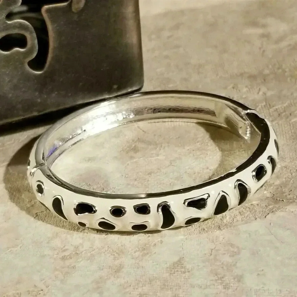 Enameled Art Deco Animal Print Hinged Bangle Bracelet White Black Silver